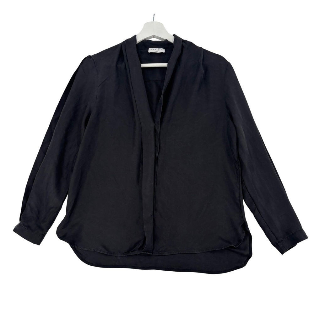 Sandro Blouse‎ Womens 1 Black V-Neck Long Sleeve Draped High-Low Top